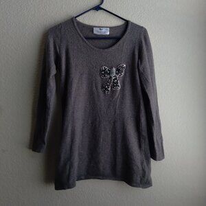 Peace Dove Outfitters Heather Brown Wool Blend Sweater with Sequin Bow Detail